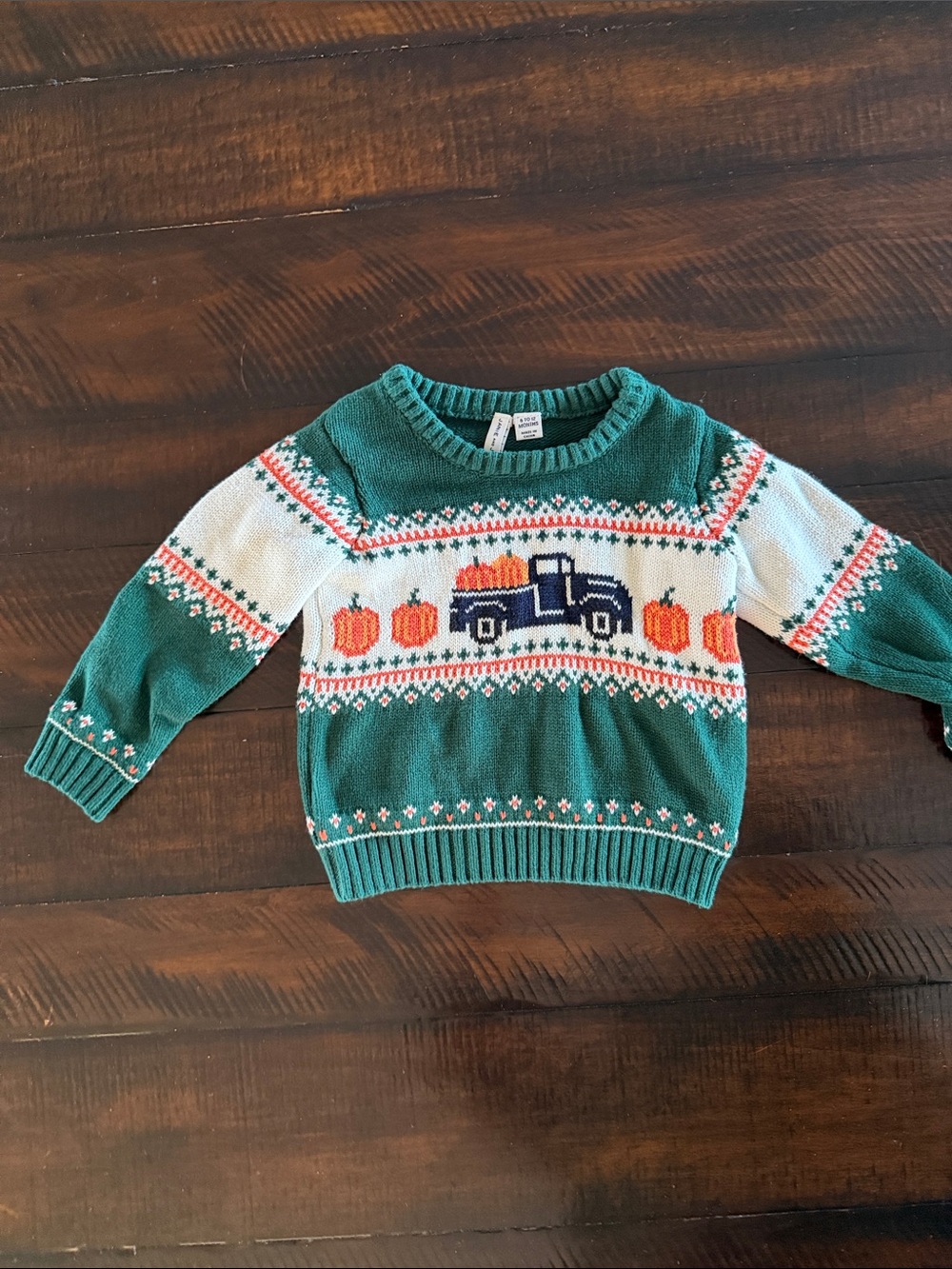 Janie and Jack Green Knit Sweater with Pumpkin Truck Motif